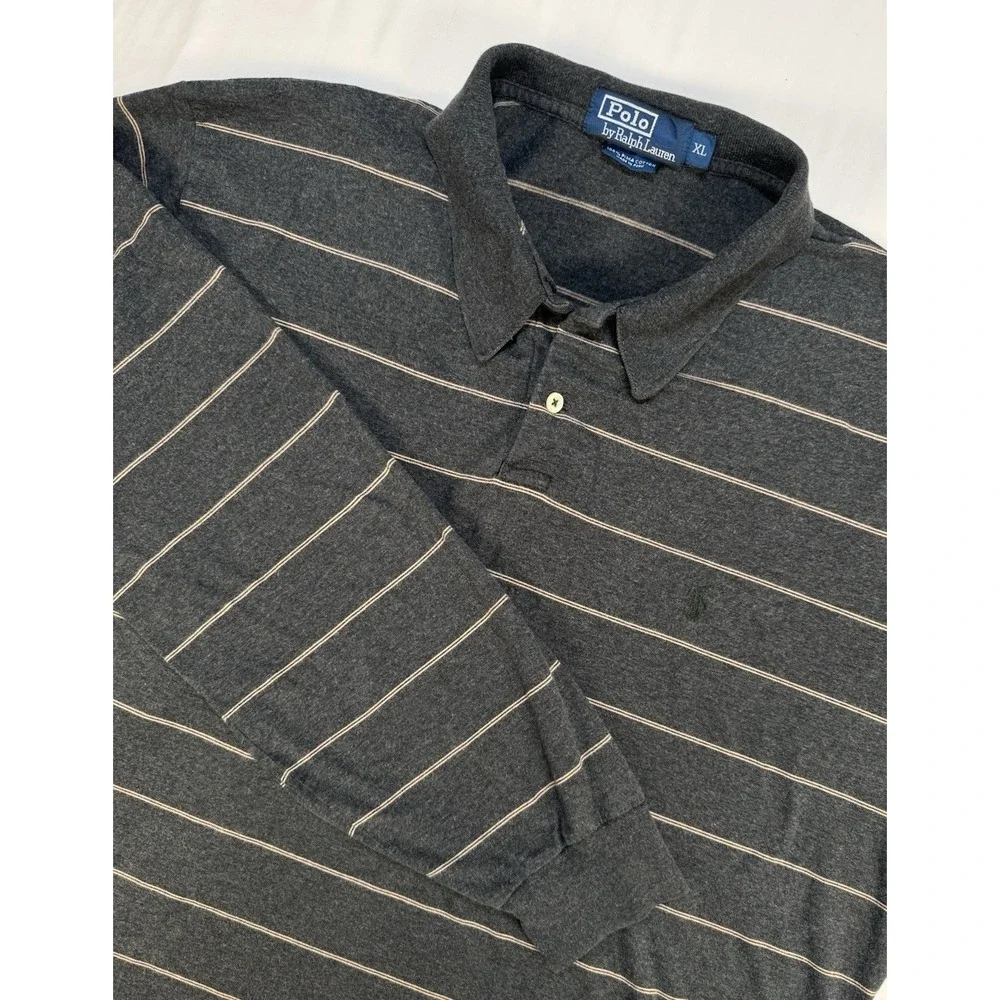 Polo‎ Ralph Lauren Shirt Mens XL Charcoal Striped Rugby Polo 100% Pima Cotton